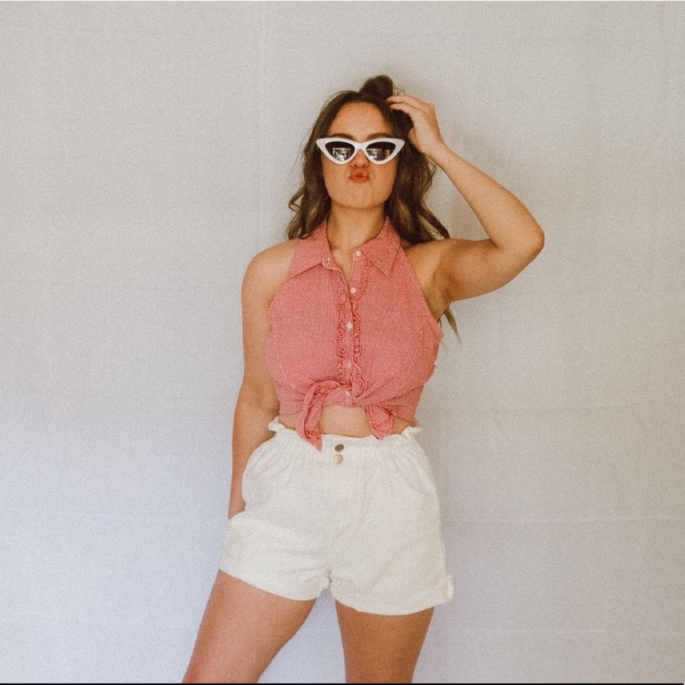 a checkered button up tank